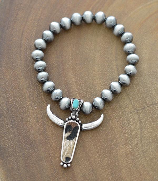 BRACELETS :: STRETCH-BEAD :: Wholesale Animal Faux Hide Longhorn Charm Bracelet