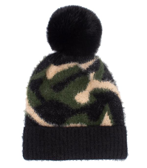 HATS I HAIR ACC :: BEANIES I HEADWRAP :: Wholesale Soft Fuzzy Camo Print Pom Beanie