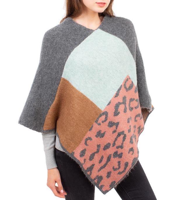 <font color=black>SALE ITEMS</font> :: SCARVES | APPAREL  :: Apparel :: Wholesale Leopard Mix Print Knit Poncho