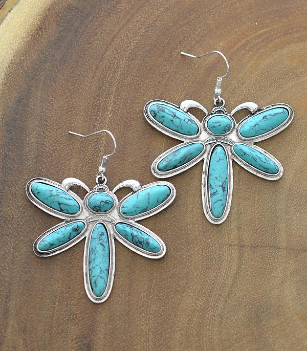 EARRINGS :: WESTERN HOOK EARRINGS :: Wholesale Dragonfly Turquoise Semi Stone Earrings