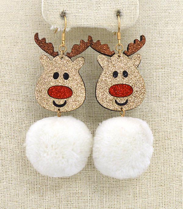 New Arrival :: Wholesale Glitter Reindeer Pom Pom Earrings