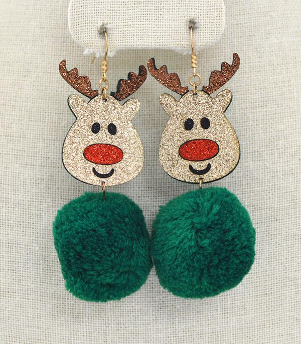 New Arrival :: Wholesale Glitter Reindeer Pom Pom Earrings