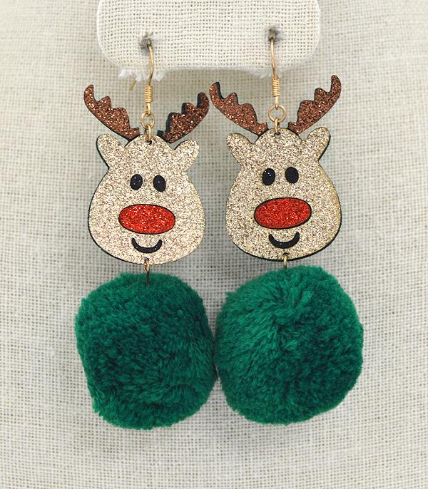 <font color=black>SALE ITEMS</font> :: JEWELRY :: Earrings :: Wholesale Glitter Reindeer Pom Pom Earrings