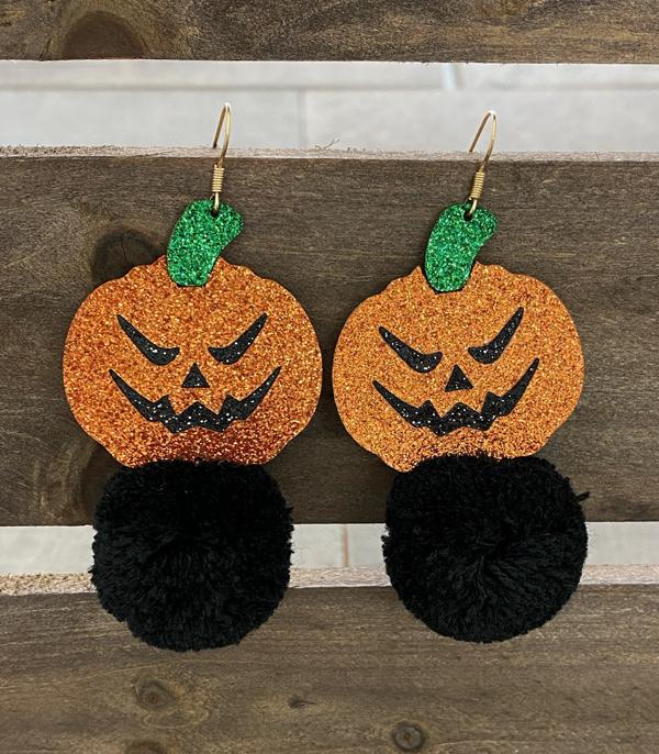 New Arrival :: Wholesale Glitter Pumpkin Pom Pom Earrings