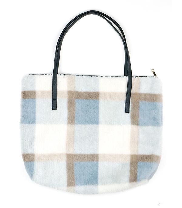 <font color=black>SALE ITEMS</font> :: HANDBAGS | TRAVEL :: Wholesale Soft Faux Fur Plaid Tote Bag