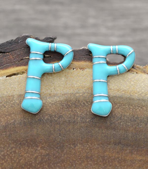 INITIAL JEWELRY :: BRACELETS | EARRINGS :: Wholesale Turquoise Epoxy Initial Earrings