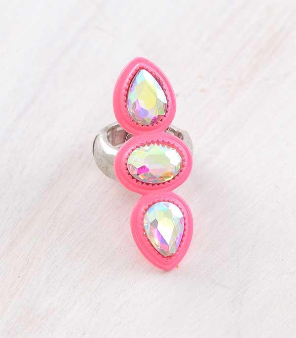 <font color=#FF6EC7>PINK COWGIRL</font> :: Wholesale Iridescent Glass Stone Stretch Ring