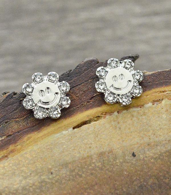 RHINESTONE :: Wholesale Smiley Face Flower Post Earrings