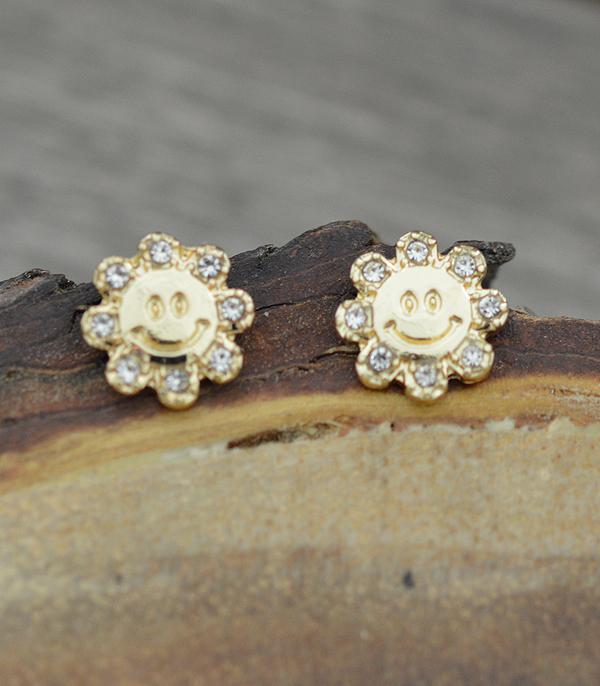 RHINESTONE :: Wholesale Smiley Face Flower Post Earrings