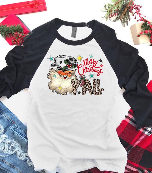 <font color=GREEN>HOLIDAYS</font> :: GRAPHIC TEES :: Wholesale Merry Christmas Yall Santa Raglan