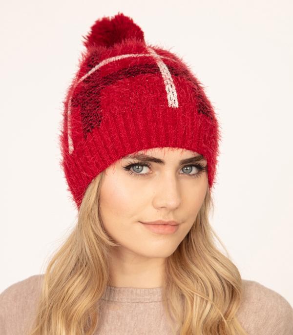 <font color=black>SALE ITEMS</font> :: HAT | HAIR ACCESSORIES :: Wholesale Soft Fuzzy Plaid Pom Pom Beanie 