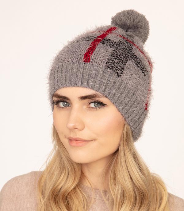 HATS I HAIR ACC :: BEANIES I HEADWRAP :: Wholesale Soft Fuzzy Plaid Pom Pom Beanie 