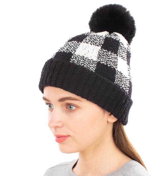 <font color=black>SALE ITEMS</font> :: HAT | HAIR ACCESSORIES :: Wholesale Buffalo Plaid Fleece Pom Pom Beanie