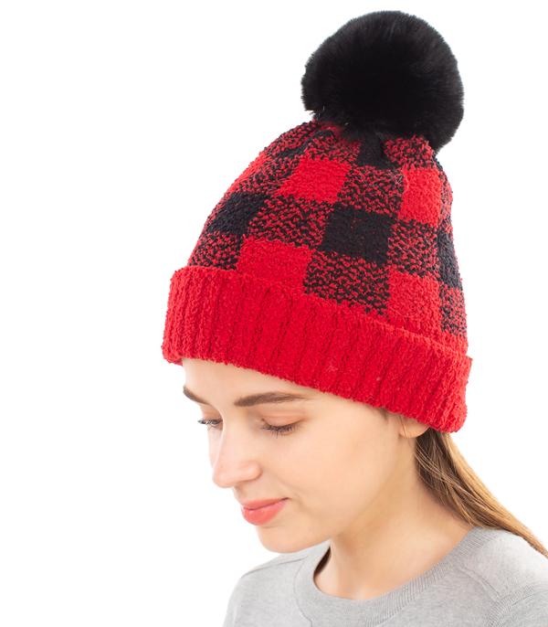 <font color=black>SALE ITEMS</font> :: HAT | HAIR ACCESSORIES :: Wholesale Buffalo Plaid Fleece Pom Pom Beanie