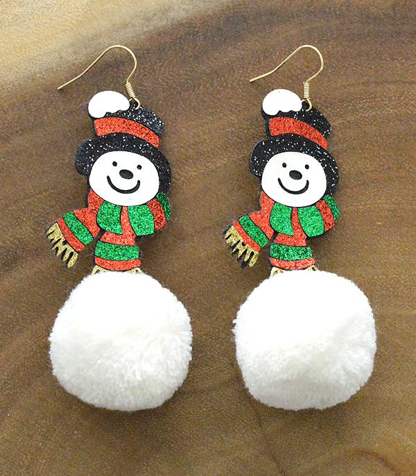 <font color=GREEN>HOLIDAYS</font> :: Wholesale Glitter Snowman Pom Christmas Earrings