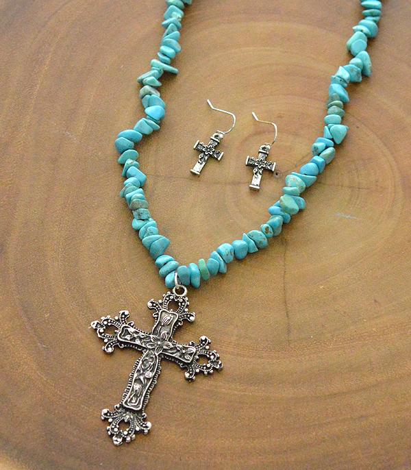 New Arrival :: Wholesale Turquoise Chip Stone Cross Necklace Set