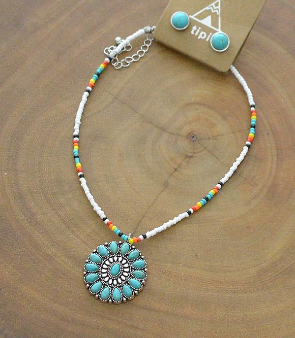 New Arrival :: Wholesale Tipi Turquoise Concho Beaded Necklace