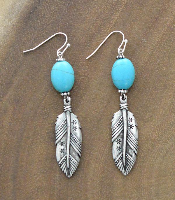 New Arrival :: Wholesale Turquoise Feather Dangle Earrings