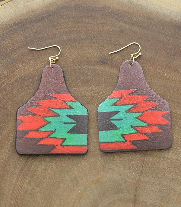 New Arrival :: Wholesale Leather Aztec Print Cattle Tag Earrings