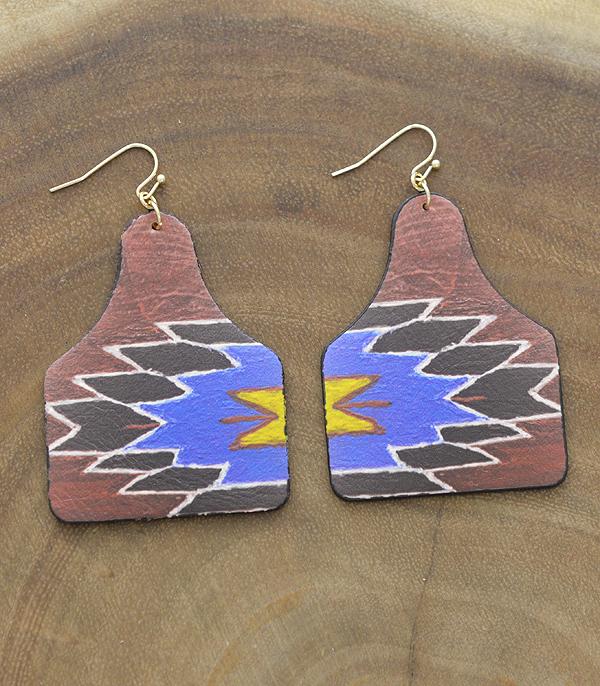 New Arrival :: Wholesale Leather Aztec Print Cattle Tag Earrings