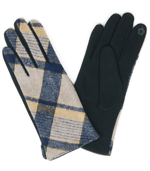 GLOVES :: Wholesale Plaid Print Smart Touch Winter Gloves