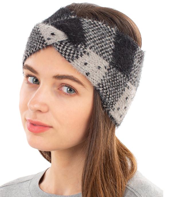 New Arrival :: Wholesale Soft Fuzzy Plaid Print Winter Headwrap