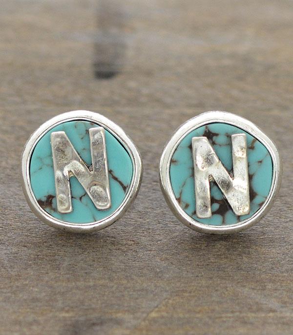 INITIAL JEWELRY :: BRACELETS | EARRINGS :: Wholesale Turquoise Initial Round Post Earrings