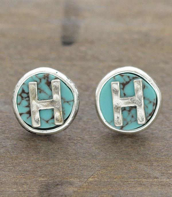 INITIAL JEWELRY :: BRACELETS | EARRINGS :: Wholesale Turquoise Initial Round Post Earrings