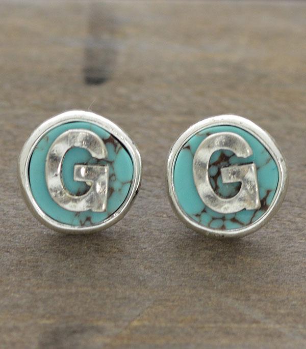 INITIAL JEWELRY :: BRACELETS | EARRINGS :: Wholesale Turquoise Initial Round Post Earrings