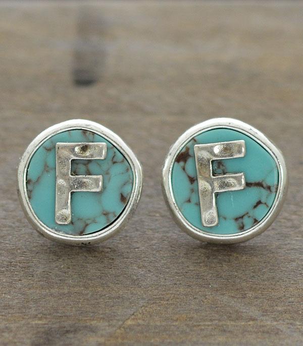 INITIAL JEWELRY :: BRACELETS | EARRINGS :: Wholesale Turquoise Initial Round Post Earrings