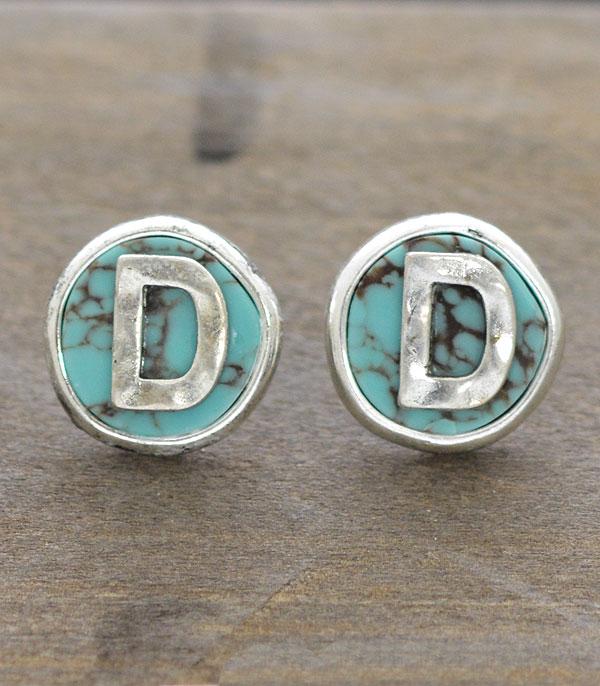 INITIAL JEWELRY :: BRACELETS | EARRINGS :: Wholesale Turquoise Initial Round Post Earrings