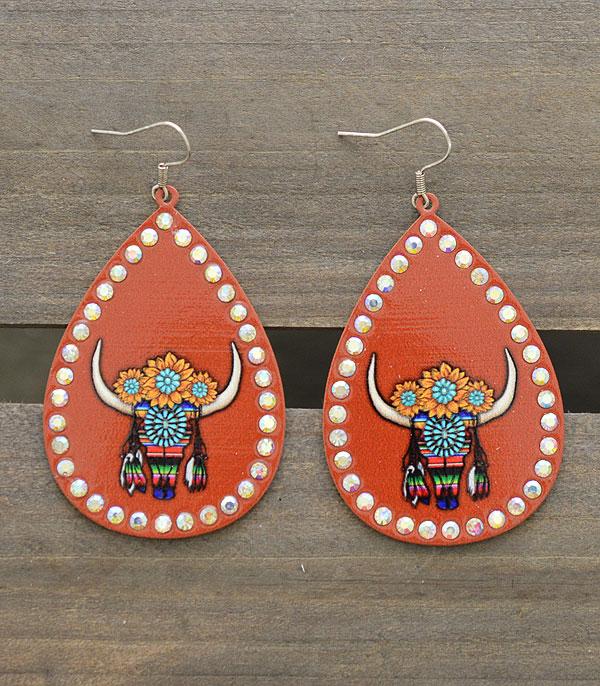 EARRINGS :: TRENDY EARRINGS :: Wholesale Steer Head Rhinestone Teardrop Earrings