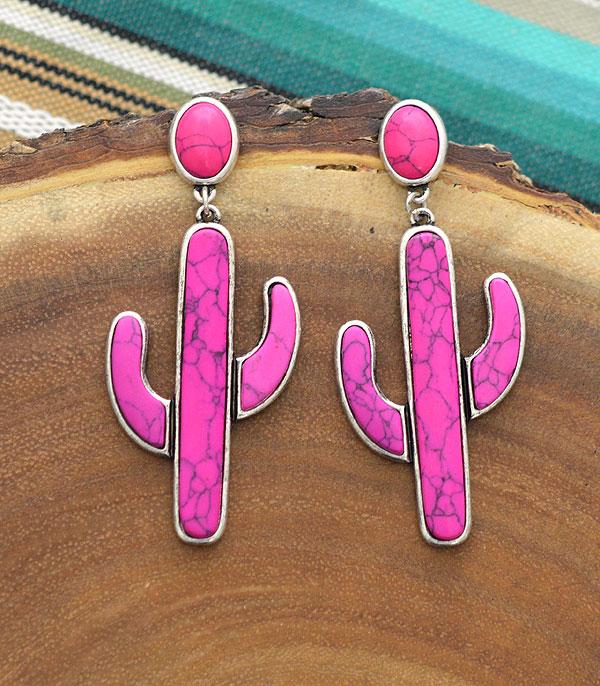 <font color=#FF6EC7>PINK COWGIRL</font> :: Wholesale Turquoise Semi Stone Cactus Earrings