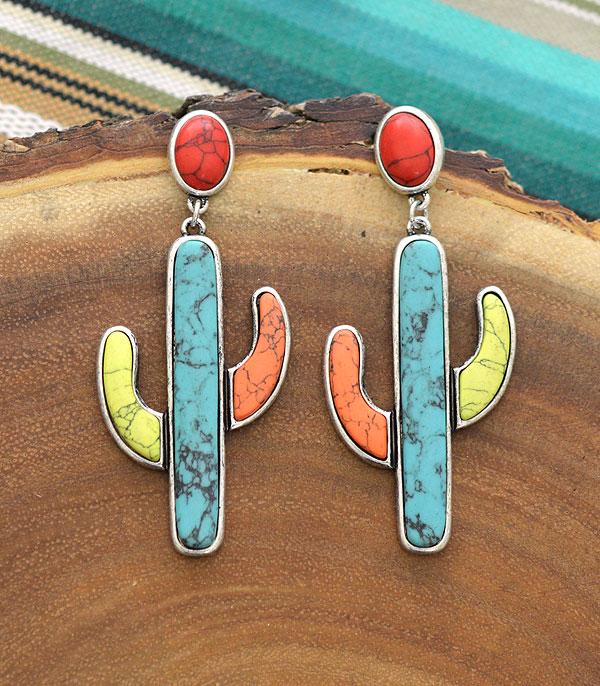 EARRINGS :: WESTERN POST EARRINGS :: Wholesale Turquoise Semi Stone Cactus Earrings