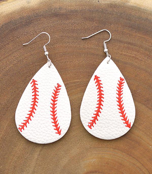 EARRINGS :: TRENDY EARRINGS :: Wholesale Faux Leather Baseball Teardrop Earrings