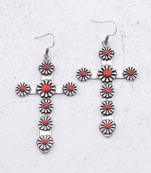 EARRINGS :: TRENDY EARRINGS :: Wholesale Turquoise Semi Stone Cross Earrings