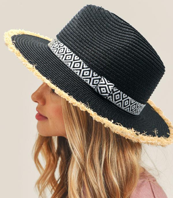 New Arrival :: Wholesale Frayed Trim Aztec Straw Hat