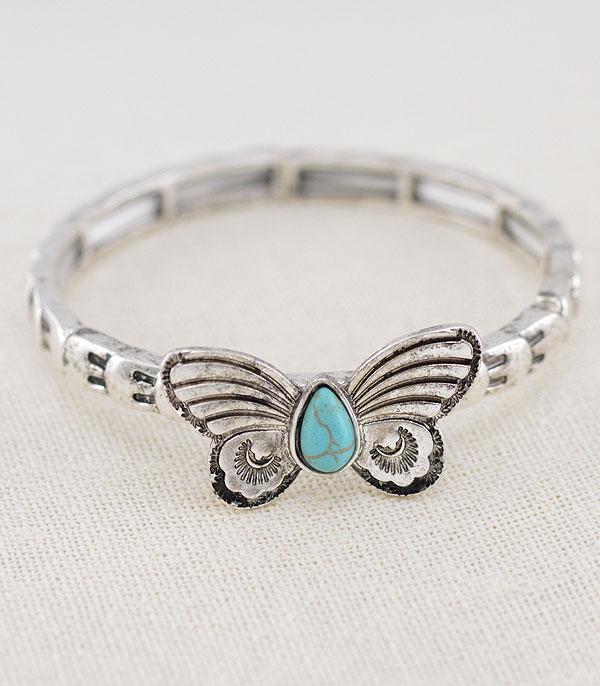 BRACELETS :: STRETCH :: Wholesale Turquoise Semi Stone Butterfly Bracelet