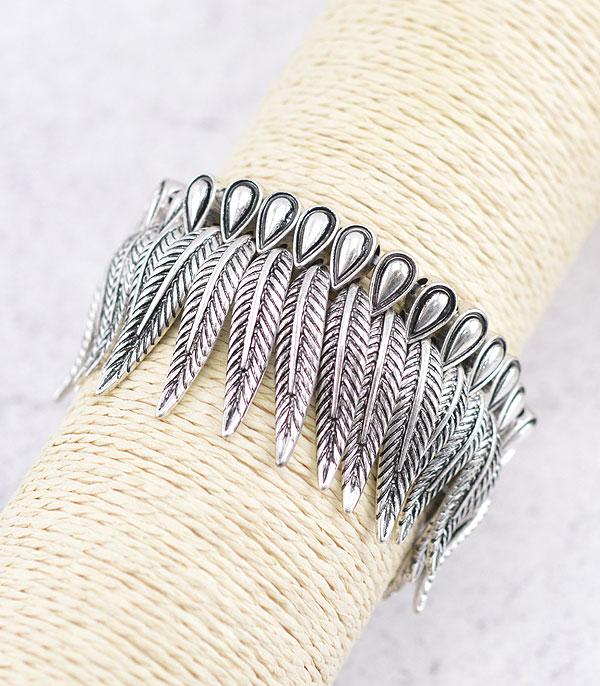 BRACELETS :: STRETCH :: Wholesale Western Silver Feather Charm Bracelet