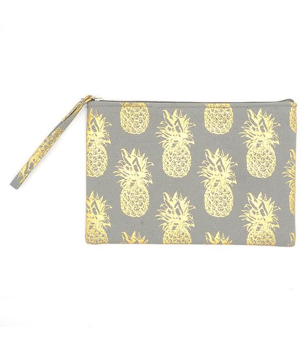 HANDBAGS :: WALLETS | SMALL ACCESSORIES :: Wholesale Gold Foil Pineapple Print Pouch Bag