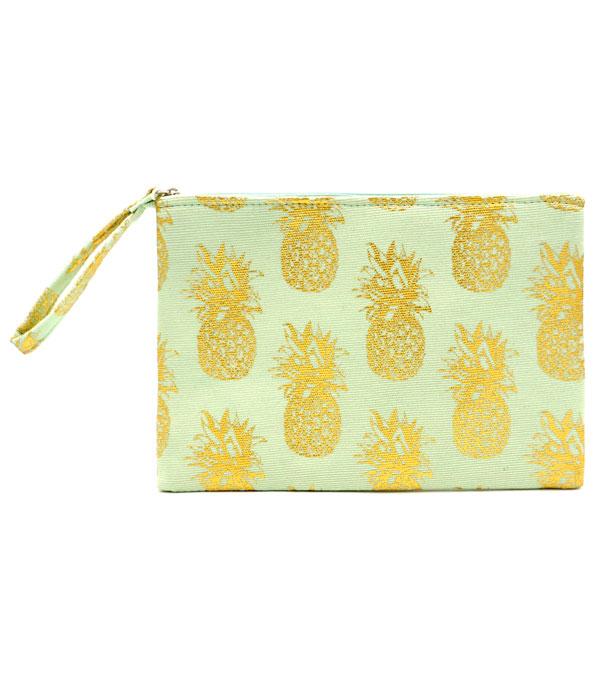 HANDBAGS :: WALLETS | SMALL ACCESSORIES :: Wholesale Gold Foil Pineapple Print Pouch Bag