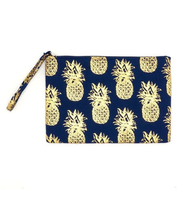 HANDBAGS :: WALLETS | SMALL ACCESSORIES :: Wholesale Gold Foil Pineapple Print Pouch Bag