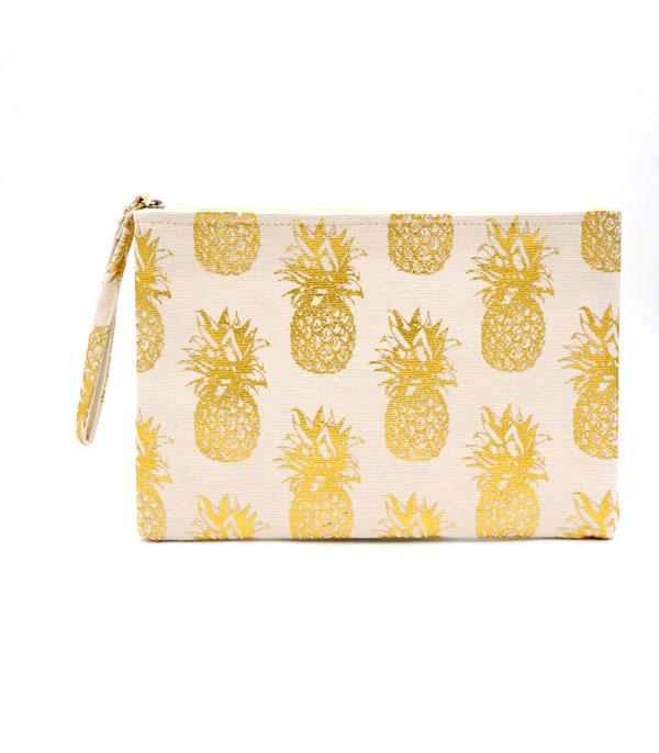 HANDBAGS :: WALLETS | SMALL ACCESSORIES :: Wholesale Gold Foil Pineapple Print Pouch Bag