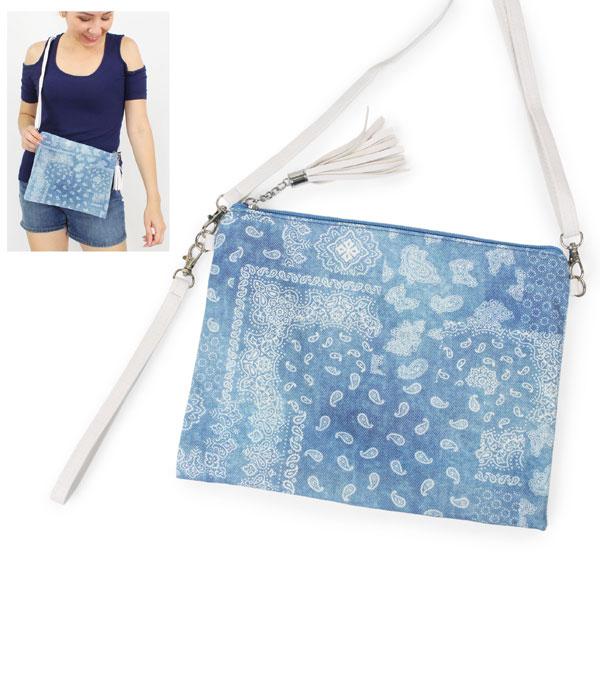 HANDBAGS :: CROSSBODY BAGS :: Wholesale Paisley Denim Print Crossbody Bag