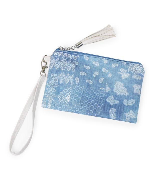 HANDBAGS :: WALLETS | SMALL ACCESSORIES :: Wholesale Paisley Denim Print Wristlet