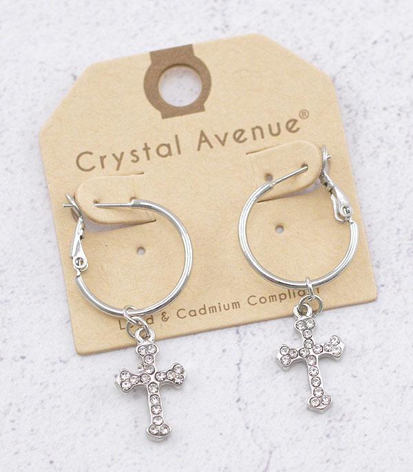 RHINESTONE I CUBIC ZIRCONIA :: Wholesale Rhinestone Cross Hoop Earrings