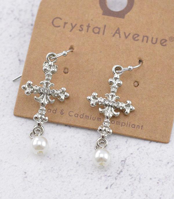 New Arrival :: Wholesale Cross Pearl Dangle Earrings