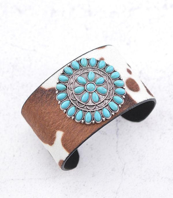 BRACELETS :: CUFF :: Wholesale Cow Print Turquoise Concho Cuff Bracelet