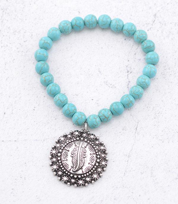 BRACELETS :: STRETCH-BEAD :: Wholesale Western Feather Charm Turquoise Bracelet