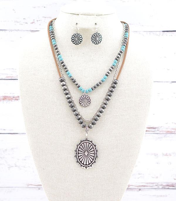 NECKLACES :: WESTERN LONG NECKLACES :: Wholesale Western Concho Layered Necklace Set